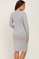 Heather Grey Brushed Knit Long Sleeve Maternity Wrap Nursing Dress