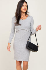 Heather Grey Brushed Knit Long Sleeve Maternity Wrap Nursing Dress