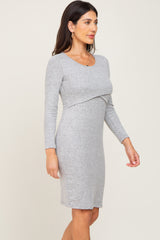 Heather Grey Brushed Knit Long Sleeve Wrap Nursing Dress