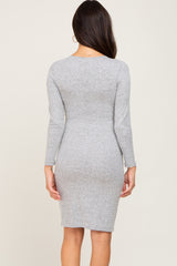 Heather Grey Brushed Knit Long Sleeve Wrap Nursing Dress