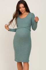 Green Brushed Knit Long Sleeve Maternity Wrap Nursing Dress