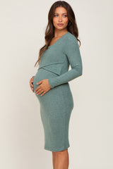 Green Brushed Knit Long Sleeve Maternity Wrap Nursing Dress