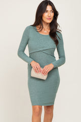 Green Brushed Knit Long Sleeve Maternity Wrap Nursing Dress