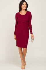 Burgundy Brushed Knit Long Sleeve Wrap Nursing Dress