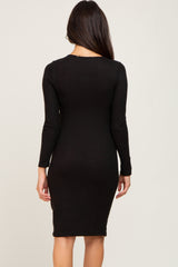 Black Brushed Knit Long Sleeve Wrap Nursing Dress