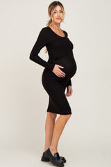 Black Brushed Knit Long Sleeve Maternity Wrap Nursing Dress