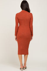 Rust Brushed Knit Long Sleeve Mock Neck Dress