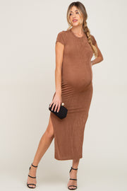 Camel Short Sleeve Side Slit Maternity Maxi Dress