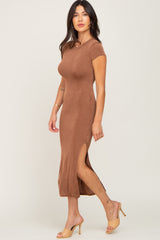 Camel Short Sleeve Side Slit Maxi Dress