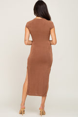 Camel Short Sleeve Side Slit Maxi Dress