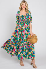 Green Floral Smocked Puff Sleeve Maxi Dress