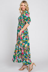 Green Floral Smocked Puff Sleeve Maxi Dress