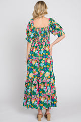 Green Floral Smocked Puff Sleeve Maxi Dress