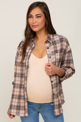 Navy Plaid Button Up Front Pocket Maternity Top