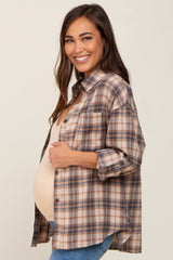 Navy Plaid Button Up Front Pocket Maternity Top