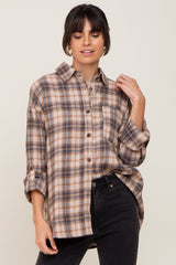 Navy Plaid Button Up Front Pocket Maternity Top