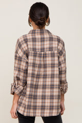 Navy Plaid Button Up Front Pocket Top