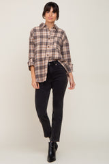 Navy Plaid Button Up Front Pocket Top