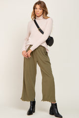 Olive Linen Frayed Hem Crop Pants