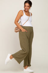 Olive Linen Frayed Hem Crop Maternity Pants