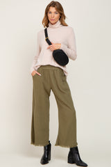 Olive Linen Frayed Hem Crop Pants