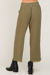 Olive Linen Frayed Hem Crop Pants