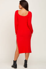 Red Ribbed Long Puff Sleeve Maternity Midi Dress