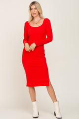 Red Ribbed Long Puff Sleeve Maternity Midi Dress