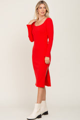 Red Ribbed Long Puff Sleeve Midi Dress