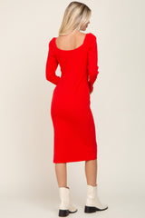 Red Ribbed Long Puff Sleeve Midi Dress