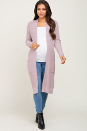 Mauve Open Front Long Maternity Cardigan