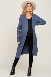 Blue Open Front Long Maternity Cardigan