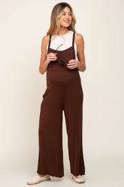 Brown Sleeveless Pocketed Wide Leg Maternity Jumpsuit