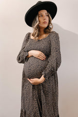 Black Leopard Print Square Neck Smocked Maternity Midi Dress