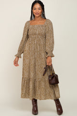 Mocha Leopard Print Square Neck Smocked Midi Dress