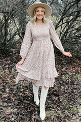 Pink Floral Smocked Long Sleeve Midi Dress