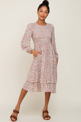 Pink Floral Smocked Long Sleeve Maternity Midi Dress