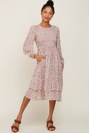 Pink Floral Smocked Long Sleeve Midi Dress