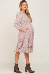 Pink Floral Smocked Long Sleeve Maternity Midi Dress