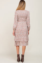 Pink Floral Smocked Long Sleeve Maternity Midi Dress