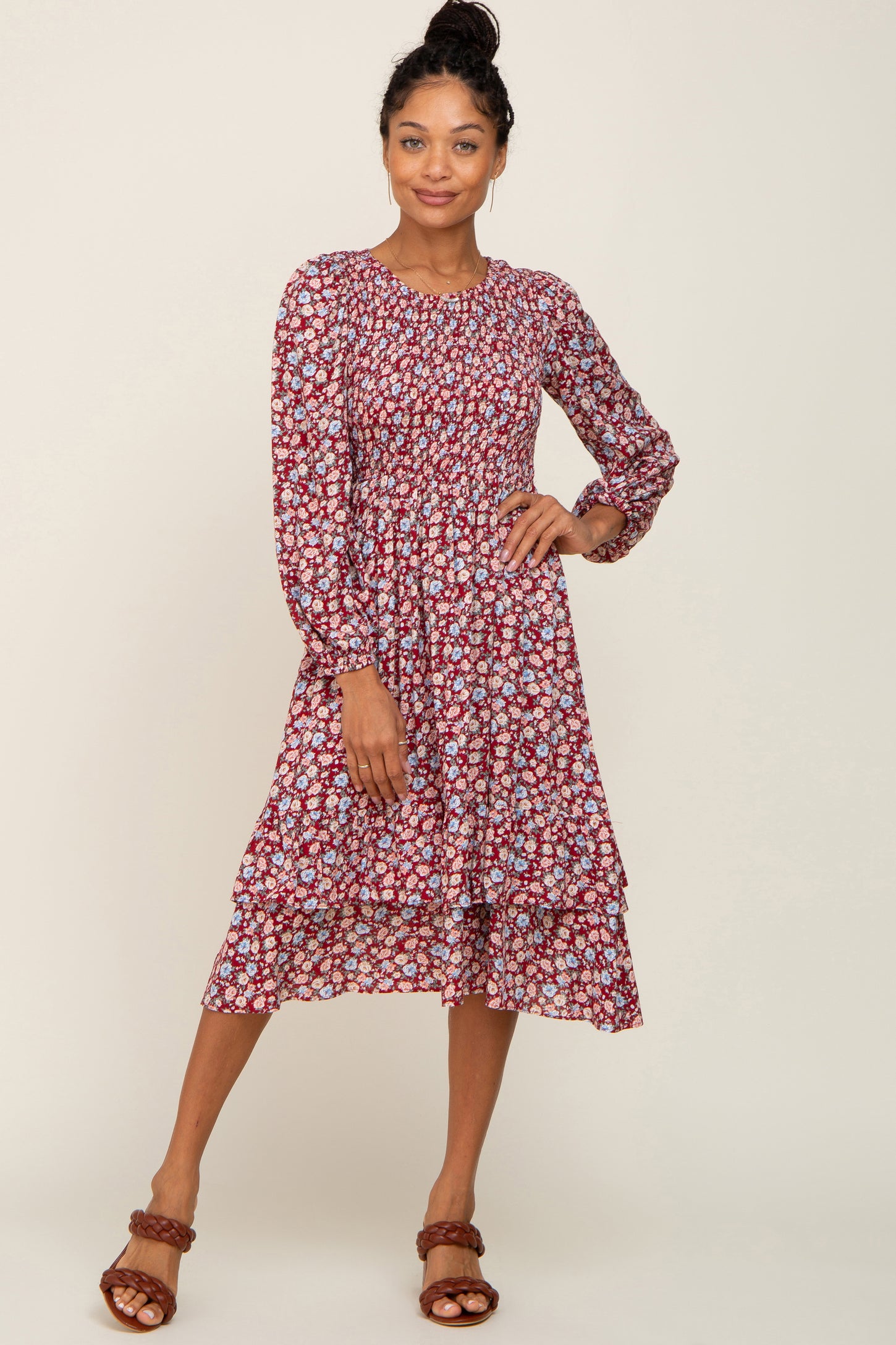 Burgundy Floral Smocked Long Sleeve Midi Dress – PinkBlush