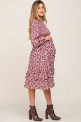 Burgundy Floral Smocked Long Sleeve Maternity Midi Dress