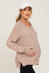 Taupe Exposed Seam Side Slit Maternity Sweater