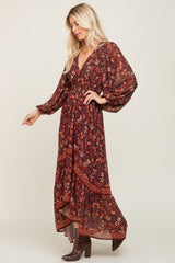 Brown Floral Hi-Lo Train Maxi Dress