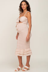 Taupe Floral Knot Front Smocked Maternity Midi Dress