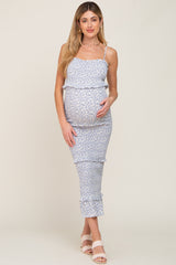 Blue Floral Chiffon Smocked Tiered Square Neck Maternity Midi Dress