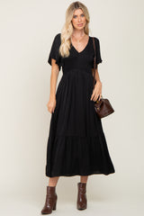 Black Satin Smocked Maternity Midi Dress