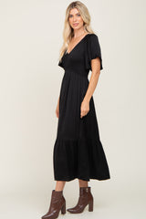 Black Satin Smocked Midi Dress