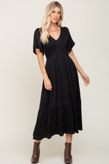 Black Satin Smocked Midi Dress