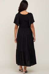 Black Satin Smocked Maternity Midi Dress